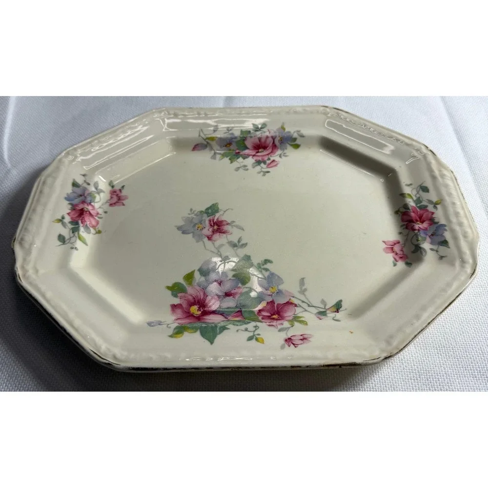 Vintage Edwin M Knowles Floral Octagonal Serving Platter China Made in USA 34-4